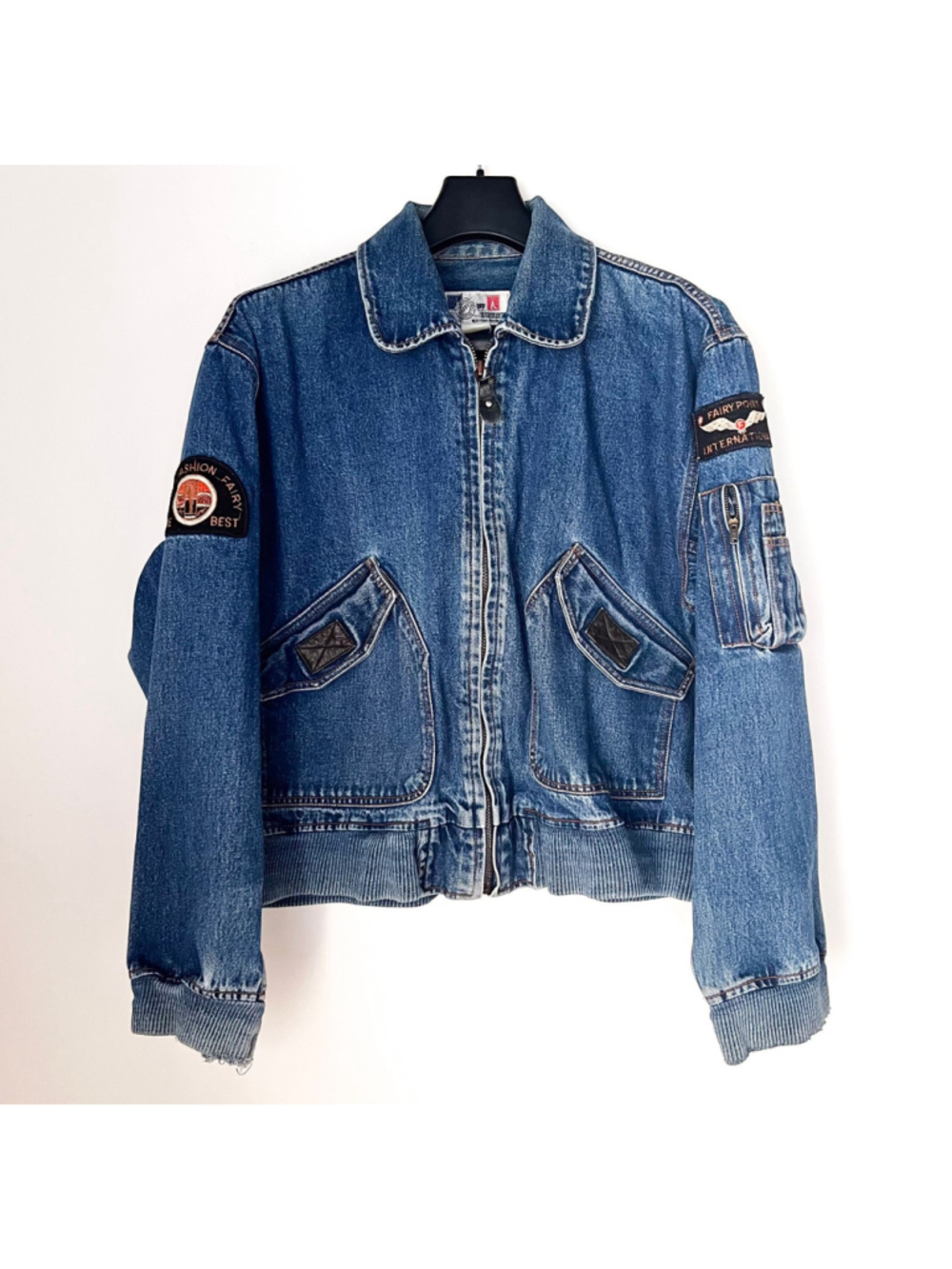 Vintage 90s Korean Embroidered Denim Bomber Jacket Fairy Oversized XL Thrashed